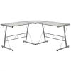 Modern Silver Metal L-Shaped Desk with Glass Top and Floor Glides