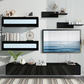 ON-TREND Wall Mount Floating TV Stand with Four Media Storage Cabinets and Two Shelves, Modern High Gloss Entertainment Center for 95+ Inch TV
