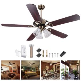 52Inch 5 Blades Ceiling Fan Light Antique Bronze Remote Control Without Bulb (Color: as Pic)
